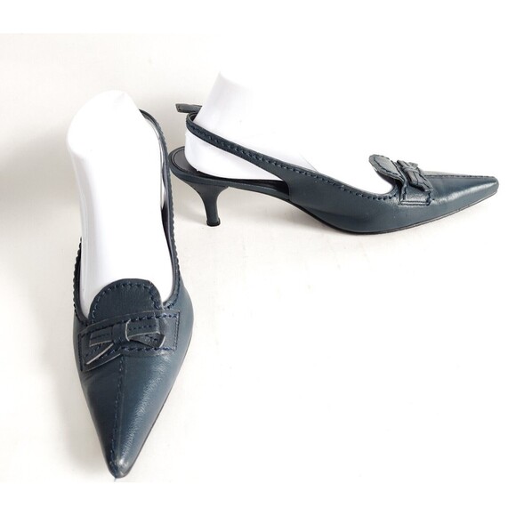 Vintage Y2K 90s Karen Scott Navy Blue Leather Slingback Pointy Toe Kitten Heel 9 - Picture 4 of 10